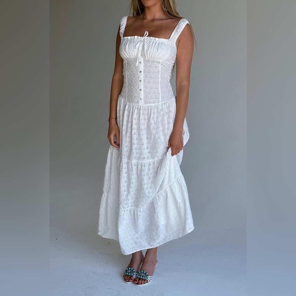 NWT Frankie’s Bikinis Christabelle Eyelet Maxi Dress Angel’s Wing Large